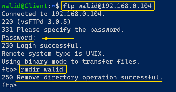Deleting a directory using the ftp command in Linux