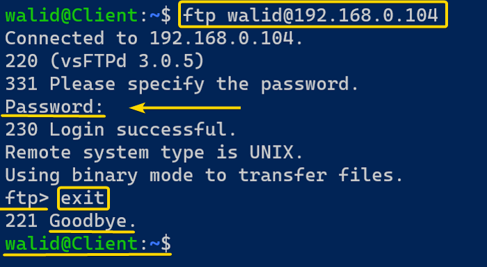 Quiting the session using the ftp command in Linux