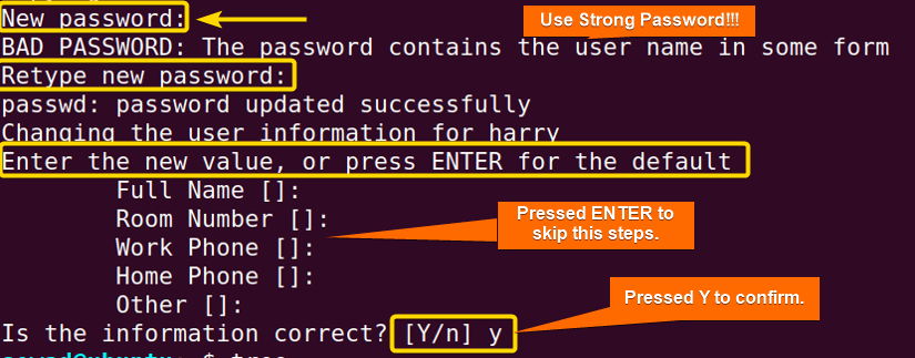 Setting a password, Filling up the required information of the new user and finally confirming to create the new user.