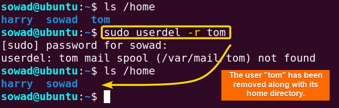 The user "tom" is deleted along with its home directory by using the -r option with the userdel command.