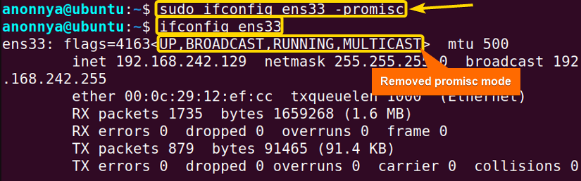 Disabling Promiscuous Mode Using the ifconfig Command in Linux.