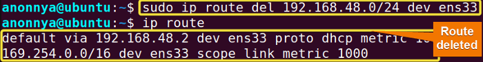 Deleting route from ip table.