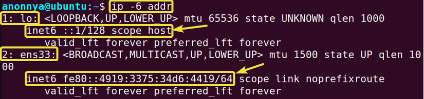 Displaying Only IPv6 Addresses Using the ip Command in Linux.