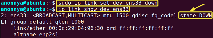 Bringing an Interface Down Using the ip Command in Linux.