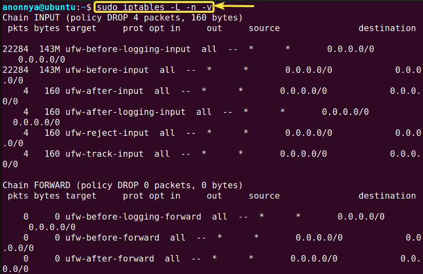 Displaying Netfilter Firewall Status Using the iptables Command in Linux.
