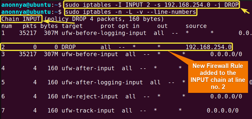 Inserting Firewall Rules Using the iptables Command in Linux.