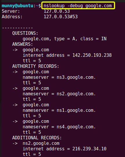 Enable debug mode of nslookup command.