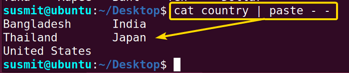 Two consecutive lines of the country file are printed on the terminal using the double hyphen “--” after the paste command.