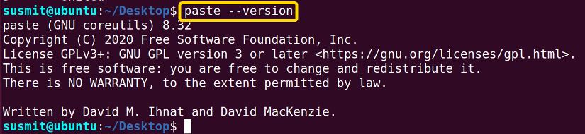 The version information of the paste command is displayed on the terminal.