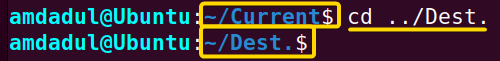 Showing the process of changing directory with relative path in linux.