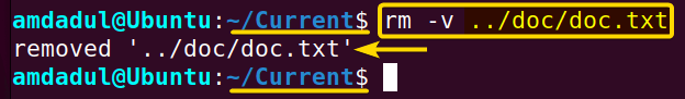 Showing that I have removed the doc.txt file from my current location using the relative path of the doc.txt file.