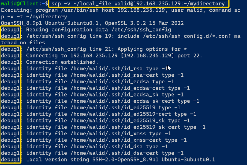 Enable verbose mode in the scp command in Linux