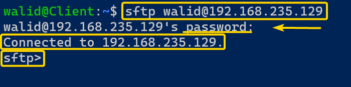 Connecting to the server using the sftp command in Linux