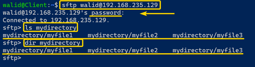 Listing all the contents in the mydirectory using the sftp command in Linux