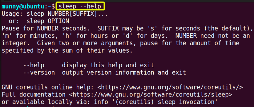 Display the help messages for the sleep command.