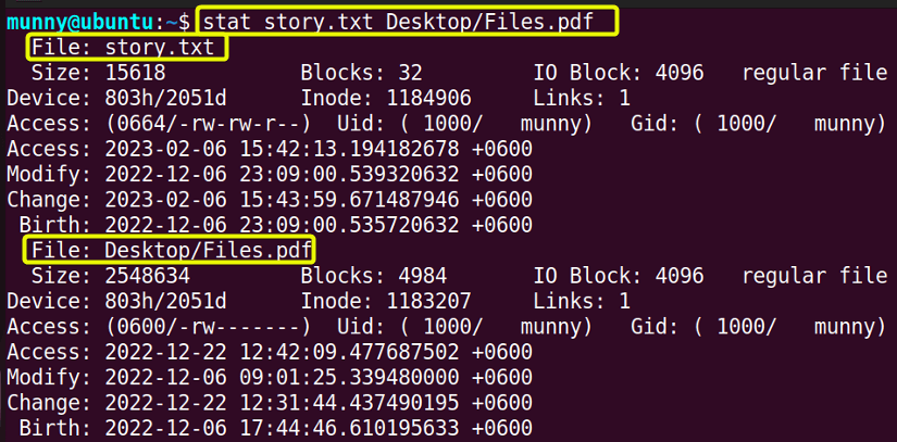 View multilple files status using the stat command in linux.