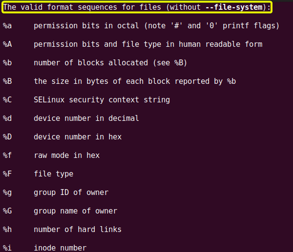 Valid formats for the file systems of the stat commands.