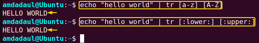 Showing that I have changed the case of each character in the standard output from the echo command.