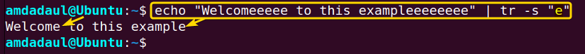 The repeated character “e” has been removed from a string using the tr command in Linux.