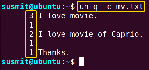 The -c option with the uniq command has printed the number of times a line is repeated.