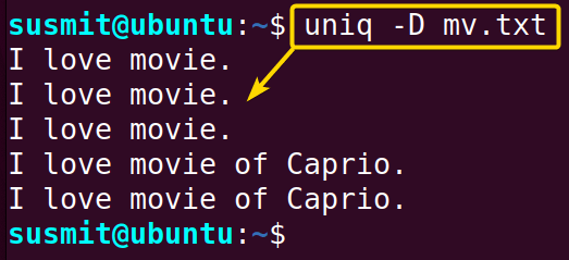 I have printed all the duplicate lines using the -D option with the uniq command.