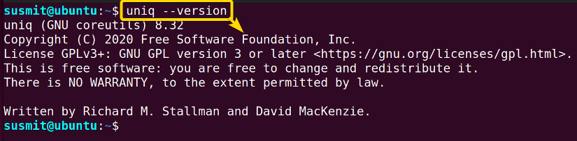 I have displayed the version information of the uniq command on the terminal.