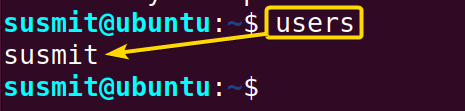 The users command has displayed the name of the user currently logged in to the system on the terminal.