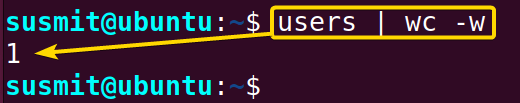 The users command in has displayed the total number of users currently logged in to the system on the terminal.