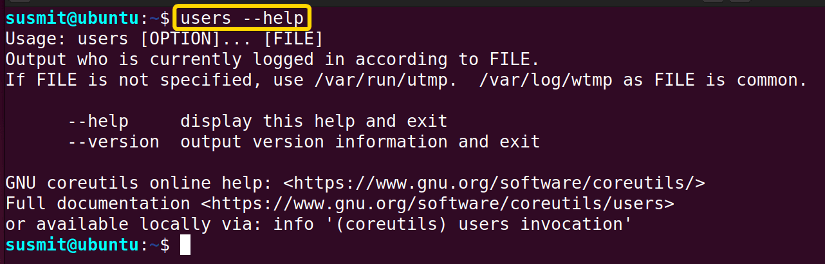 I have displayed the help section of the users command on the terminal.