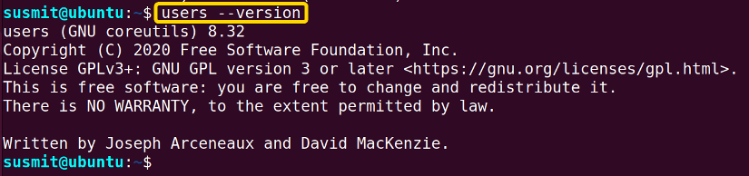 I have displayed the version information of the users command on the terminal.