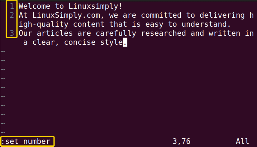 Numbering using the vim command in Linux