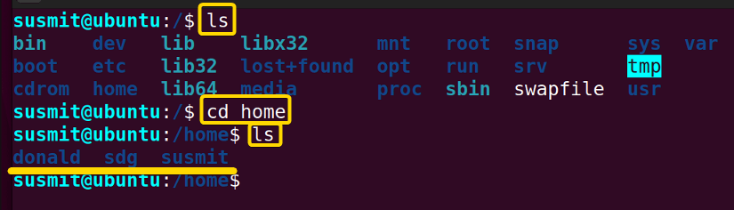 Firstly, navigation is done from the root directory to the home directory then the contents of the home directory are printed.