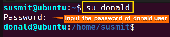 Switching to the user named donald using the su command.
