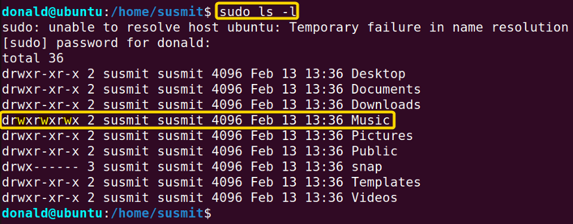 The root user named donald has altered the permission of the desired directory.