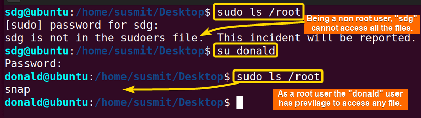 The non-root user named sdg can not access the /root directory but the root user named donald can access the /root directory.