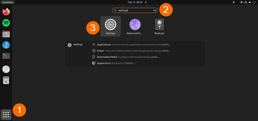 Type settings in the search bar, then the Settings application will appear.