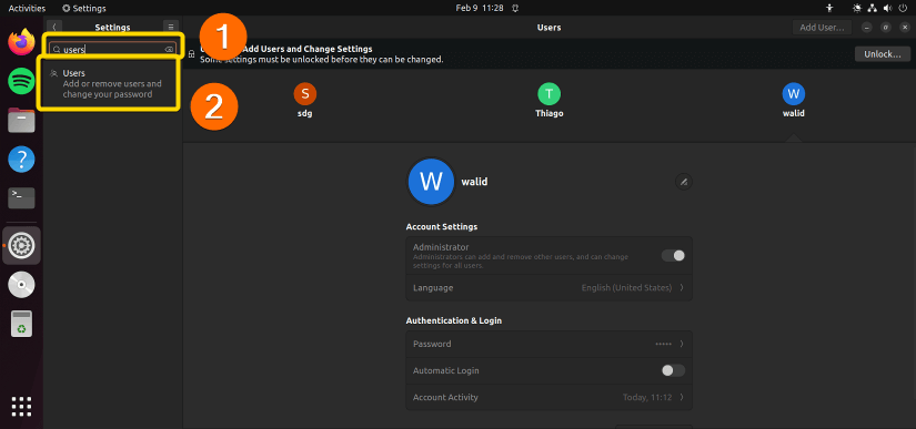 Searching users in the settings applications.