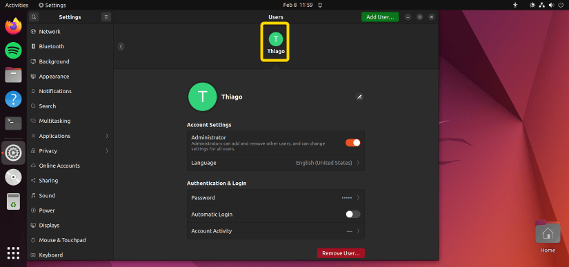 A new root user named Thiago has been created.