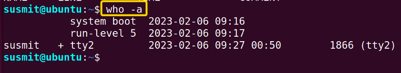 The -a option with the who command has printed all details of the users currently logged in to the system in the terminal.