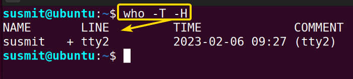 The -T and the -H options of the who command have displayed the status of the user's message.