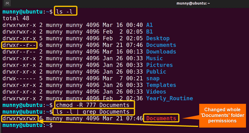 Change folder permission recursively in Linux.