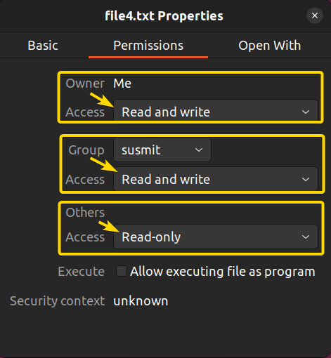 The permission status for the owner, the group, and the other users of the file4.txt file.