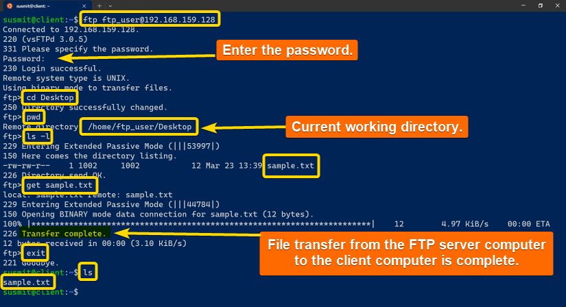 Transferring a file from the server computer to the client computer.