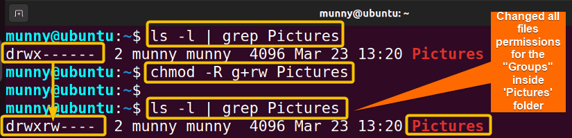 Change Group permissions recursively using the chmod commnad.