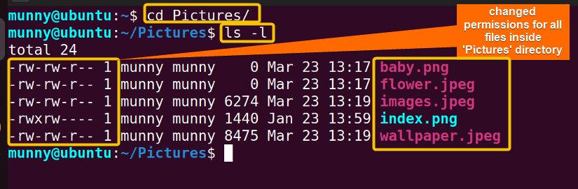 Check changed group permissions using the ls -l command.