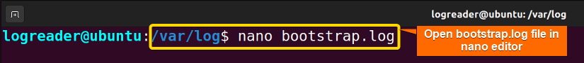 Open log file in nano editor to create a user in ubuntu as read only access to log folder.