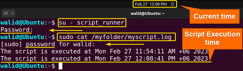 Viewing the myscript.log file to verify "ubuntu create a user that runs a script and logs out"