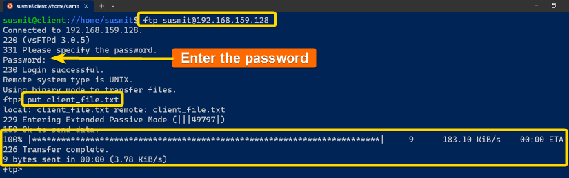 Transferring a file from the client computer to the FTP server computer.