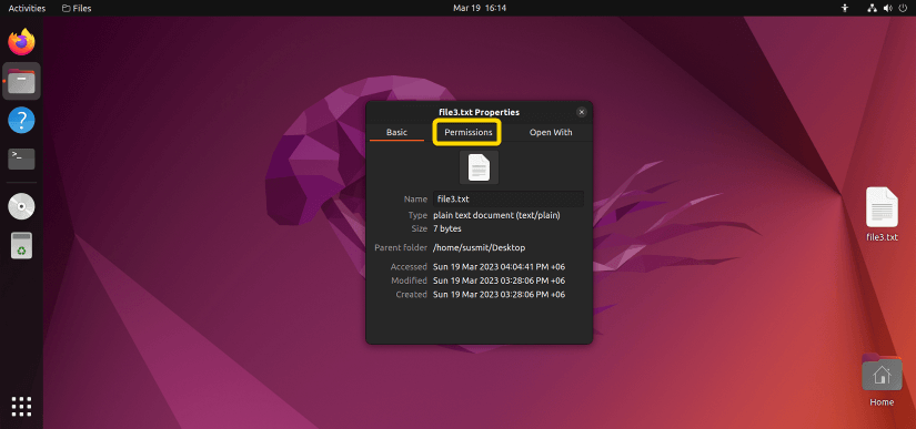 The properties window of file3.txt appeared after clicking on the properties option.