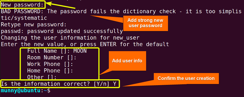 Set new password for the new user.